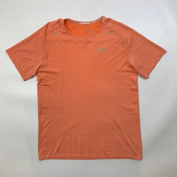 Nike Running T Shirt Mens L Large Salmon Striped Dri Fit Crew Neck Performance - Picture 2 of 9